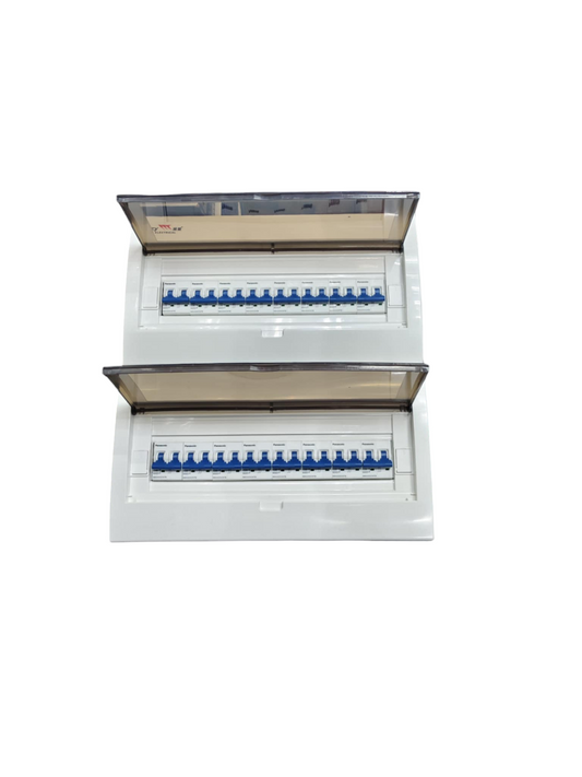 Panel Box with 15 Bus Bar 2 Pole Panasonic Breakers showing two white electrical panels with blue switches and transparent covers