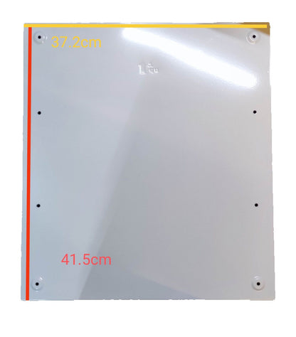 Chint white metal panel cover with mounting holes and size markings 37.2cm by 41.5cm, 63A panel board with 17 circuit breakers.