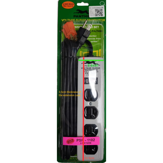 Panther 4 Gang Extension Cord Flat Pin with Ground PSP-1102 3 Meters 1.25mm Wire with Single Switch Voltage Surge Protector with Line Filter