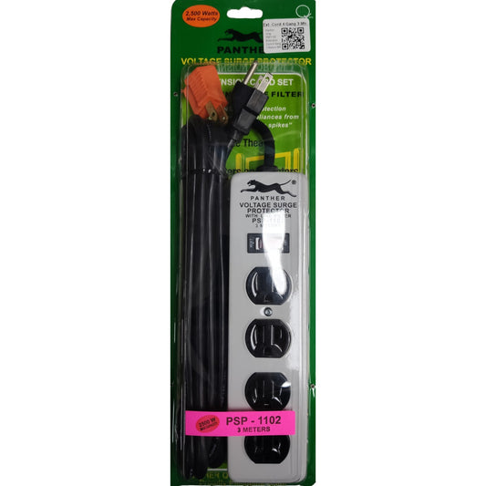 Panther 4 Gang Extension Cord Flat Pin with Ground PSP-1102 3 Meters 1.25mm Wire with Single Switch Voltage Surge Protector with Line Filter