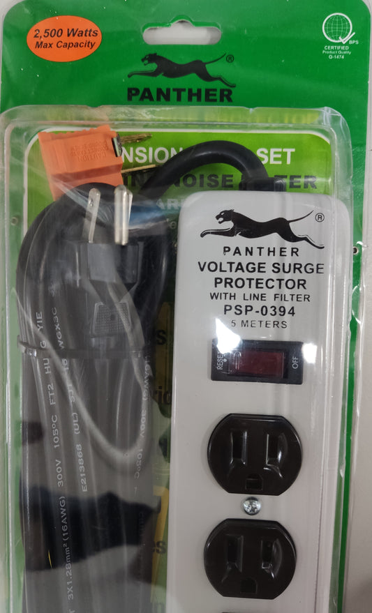 Panther 6 gang extension cord with surge protector and voltage surge protector in packaging