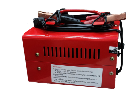 Red Panther Battery Charger 12A with attached black and red battery clips and ventilation slots