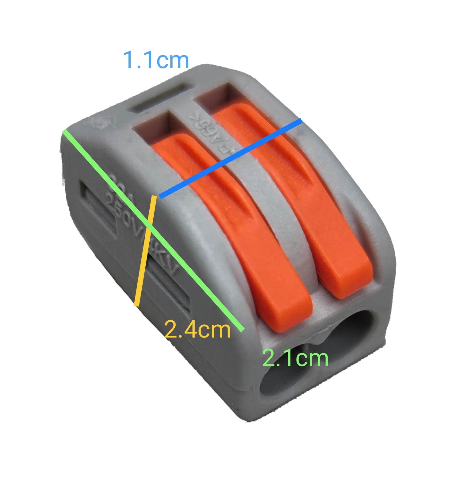 PCT-212 connecting terminal for 2 wires in gray and orange, measuring 2.4cm by 1.1cm