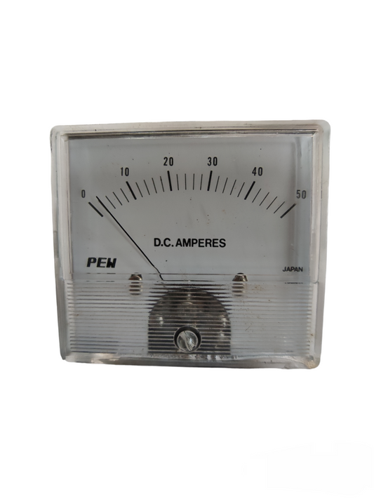 50A DC Panel Meter 60mm x 60mm from Japan measuring DC amperes with clear analog display
