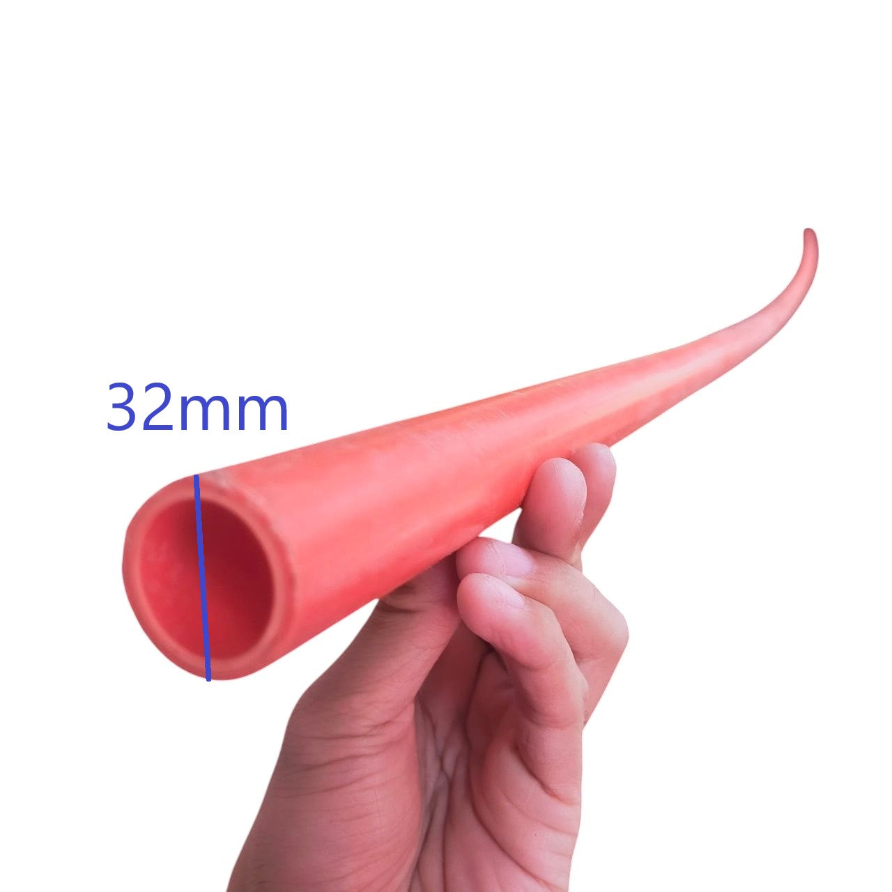 Hand holding flexible red tubing pipe for electrical use, labeled with size diameter