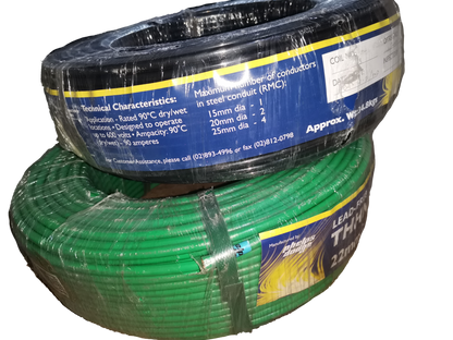 Phelps Dodge THHN Wire 30mm green and black rolls wrapped in plastic packaging for electrical use