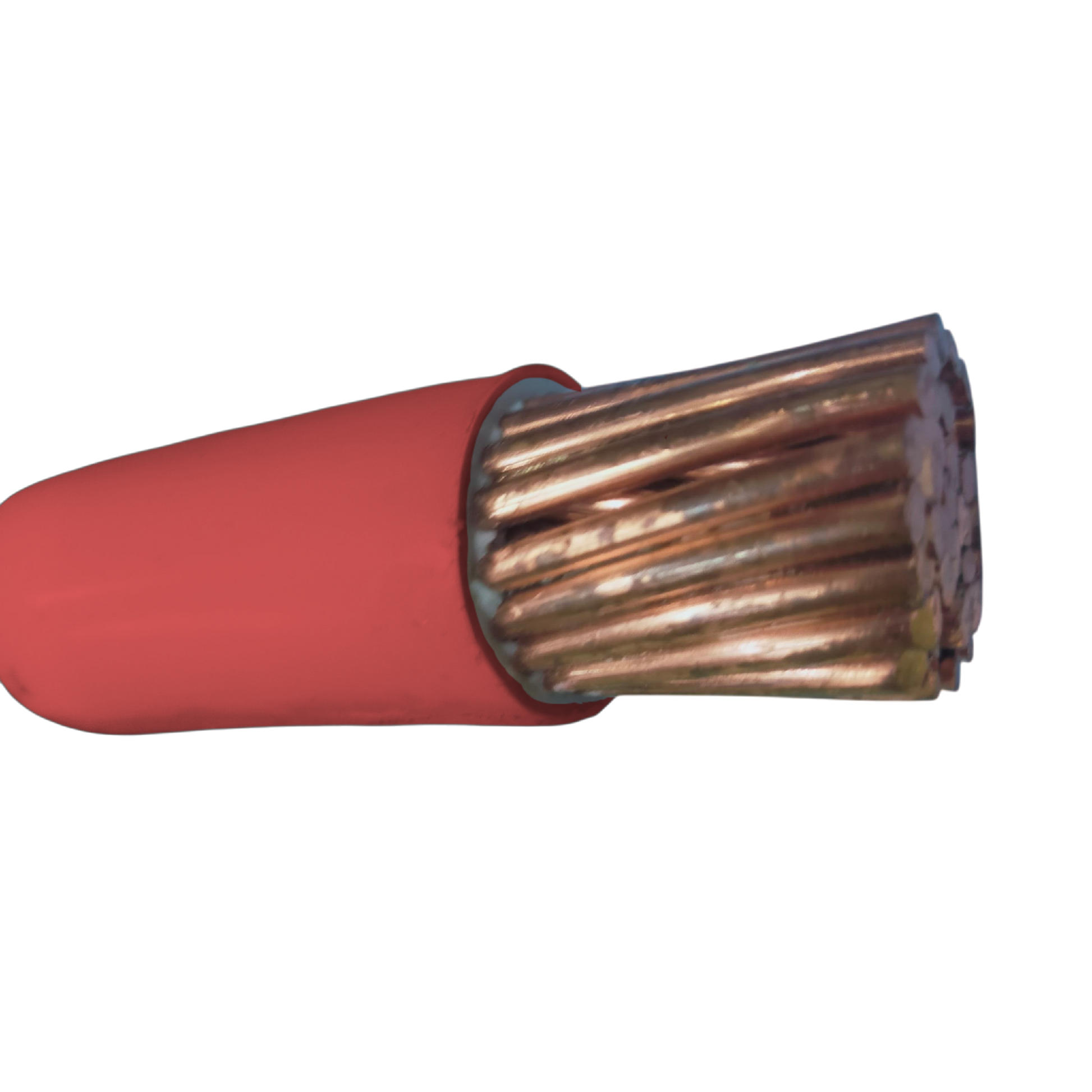 Close-up of Phelps Dodge THHN wire 325mm with red insulation and exposed copper strands
