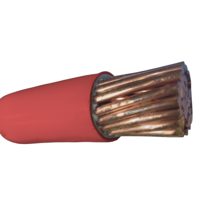 Close-up of Phelps Dodge THHN wire 325mm with red insulation and exposed copper strands
