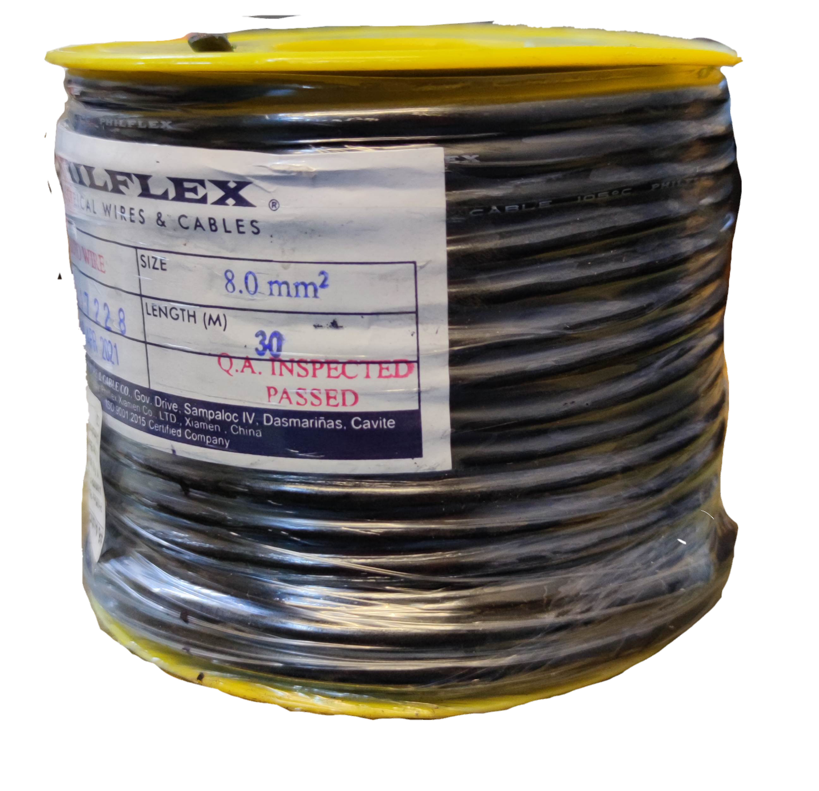 Philflex Automotive Wire AWG 8 black spool with 30 meters length and quality inspection label