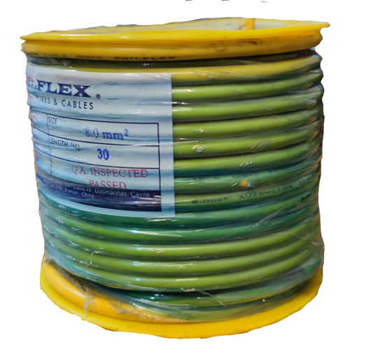 Philflex green spool of Automotive Wire AWG 8 with yellow ends and quality inspection label