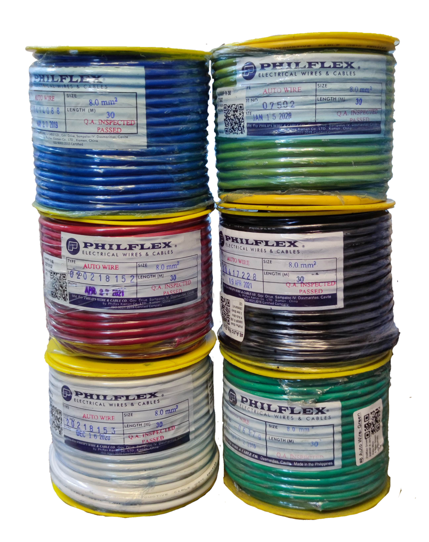 Philflex Automotive Wire AWG 8 in multiple colors including blue red white green and black spools