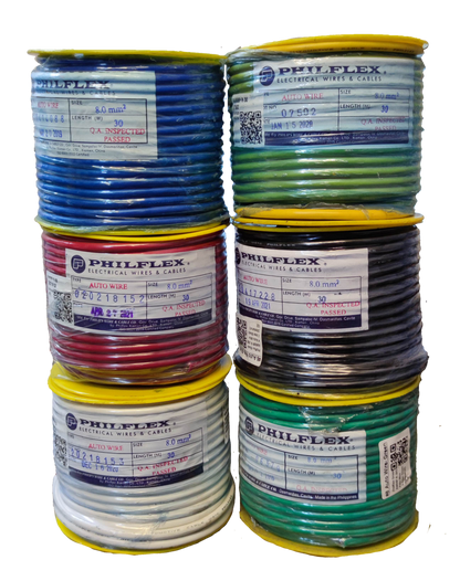 Philflex Automotive Wire AWG 8 in multiple colors including blue red white green and black spools