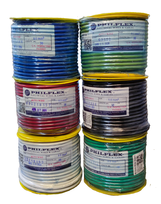 Philflex Automotive Wire AWG 8 in multiple colors including blue red white green and black spools