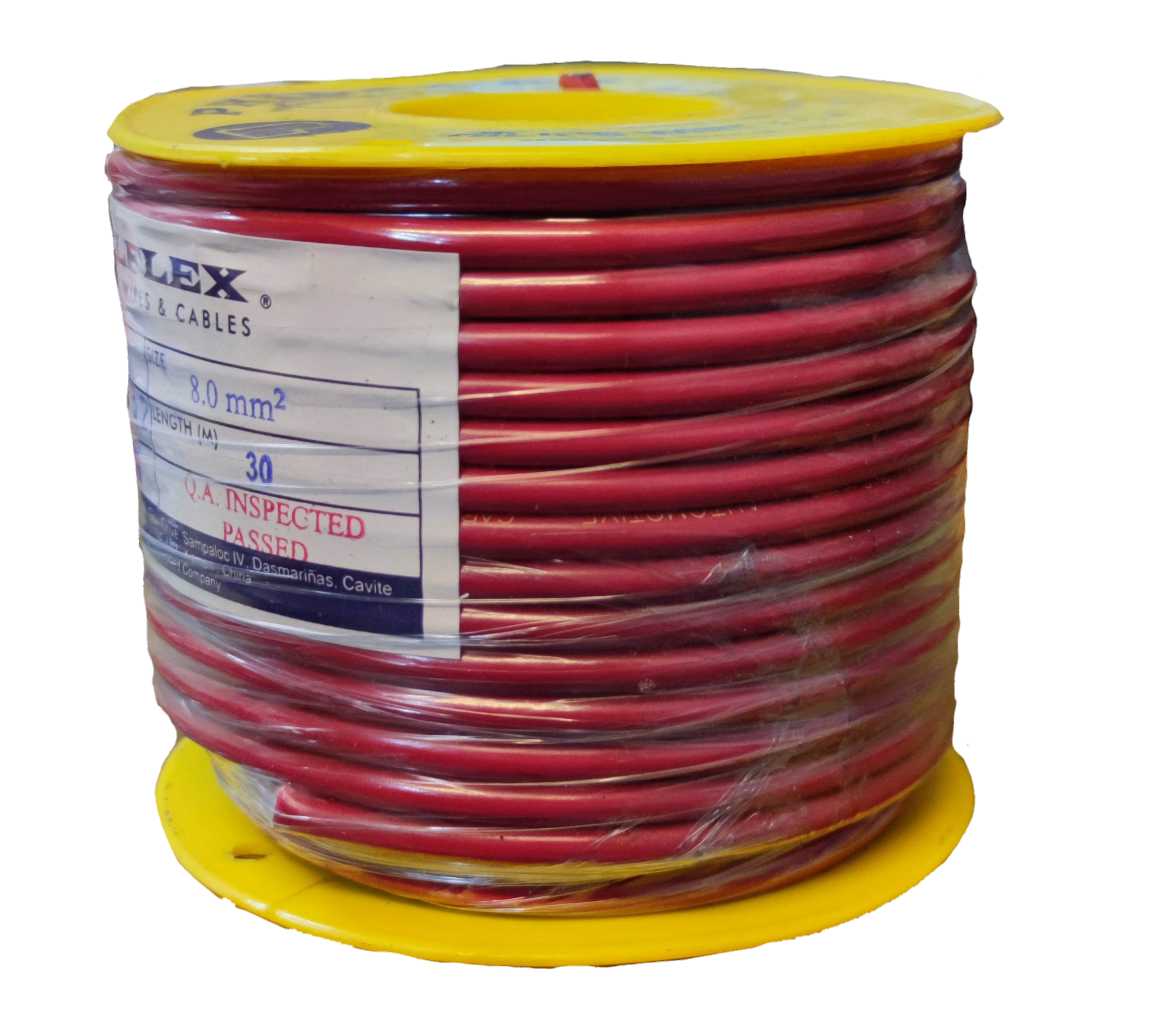Philflex spool of red Automotive Wire AWG 8 with clear packaging on yellow reel
