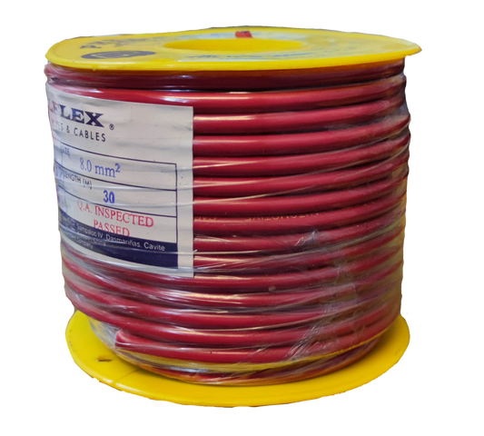 Philflex spool of red Automotive Wire AWG 8 with clear packaging on yellow reel