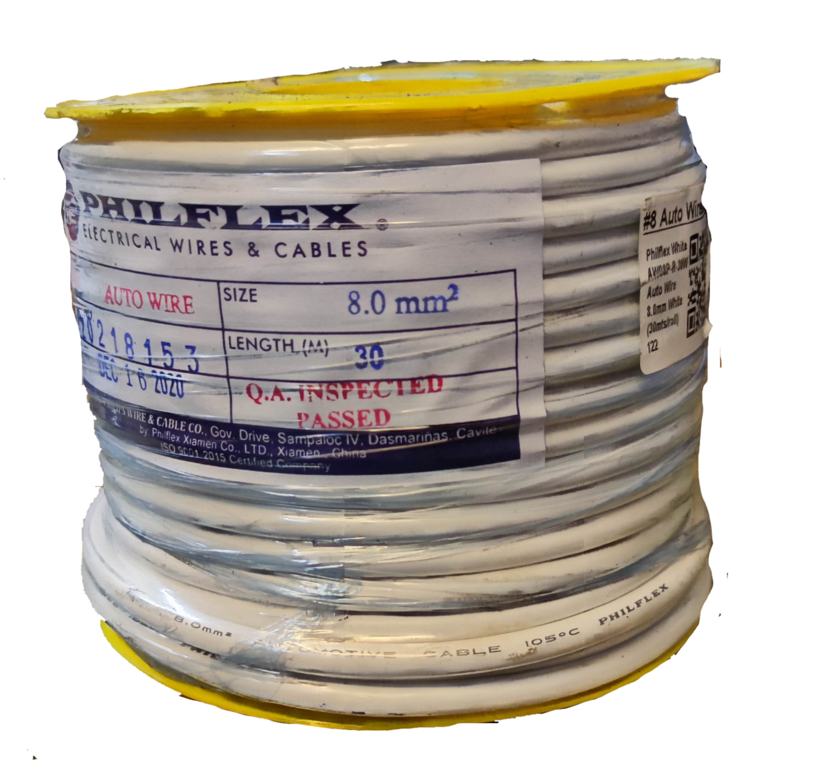 Philflex Automotive Wire AWG 8 white spool with 30 meters length and quality inspected label