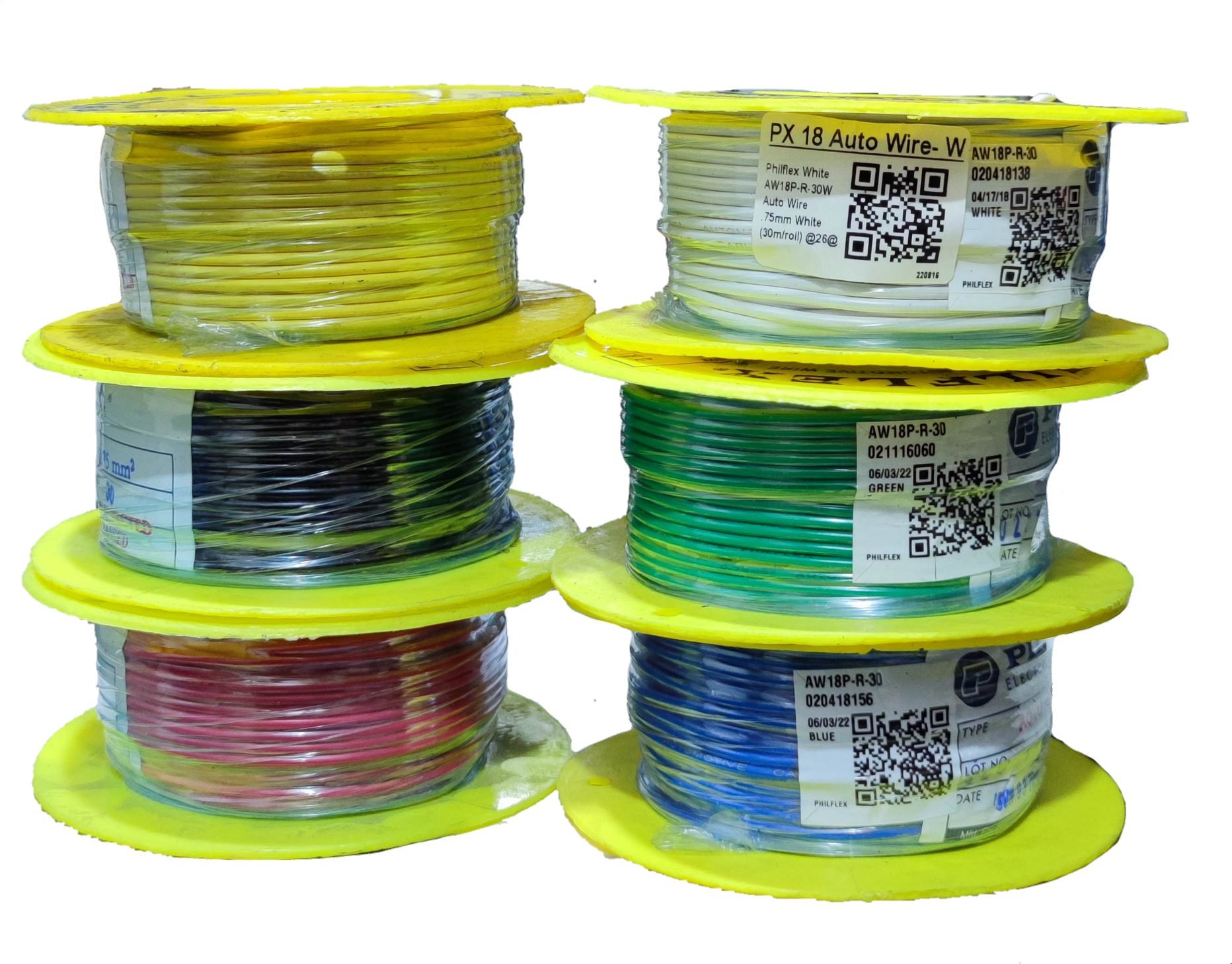 Philflex automotive wire 18 AWG spools in various colors including yellow, white, black, green, red, and blue
