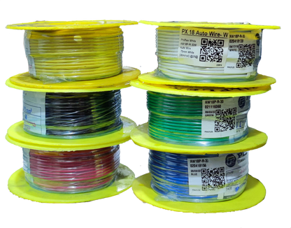 Philflex automotive wire 18 AWG spools in various colors including yellow, white, black, green, red, and blue