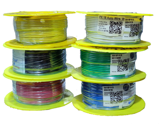 Philflex automotive wire 18 AWG spools in various colors including yellow, white, black, green, red, and blue