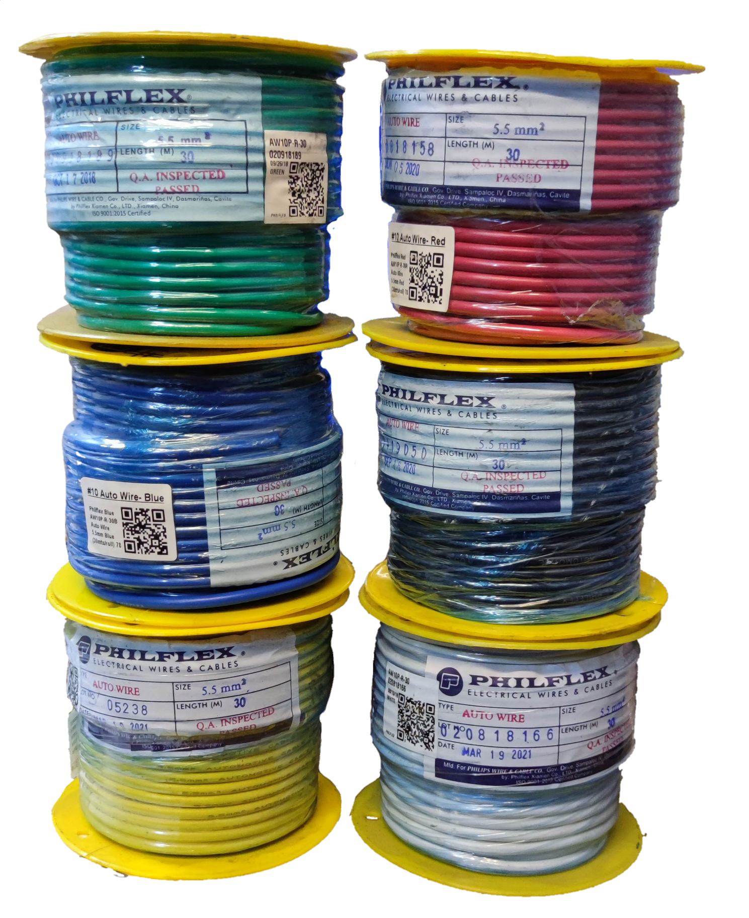 Philflex AWG 10 automotive wire spools in various colors including green red blue black yellow and white