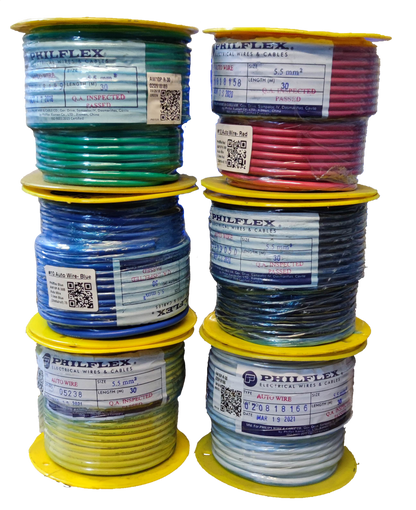 Philflex AWG 10 automotive wire spools in various colors including green red blue black yellow and white