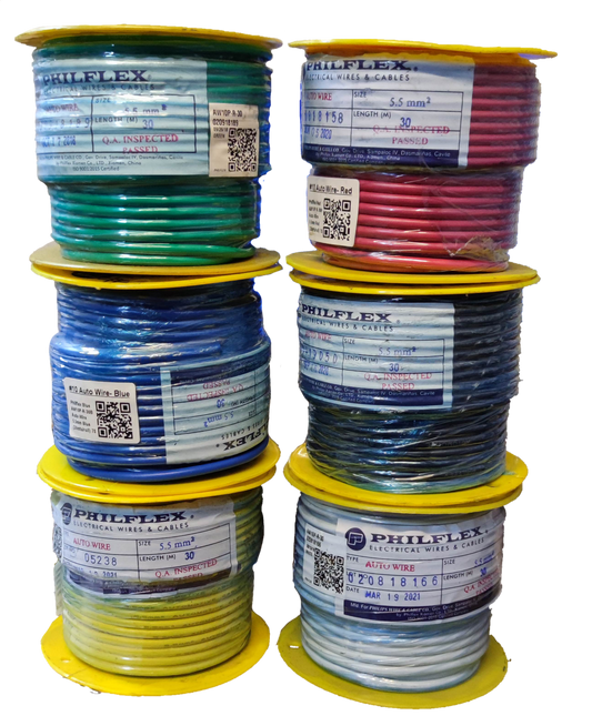 Philflex AWG 10 automotive wire spools in various colors including green red blue black yellow and white