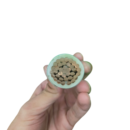 Close-up of a hand holding a cross-section of Philflex THHN wire 400mm showing copper strands