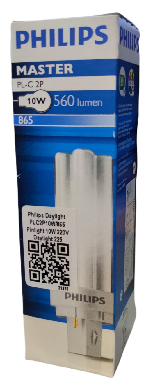 Philips 10W pinlight G24d-1 CFL bulb packaging showcasing energy-efficient, bright daylight output.