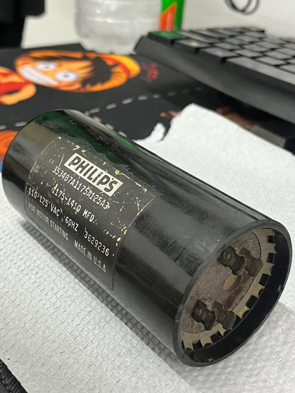 Philips 1175-1410MFD motor start capacitor black cylindrical electrical component for motor starting