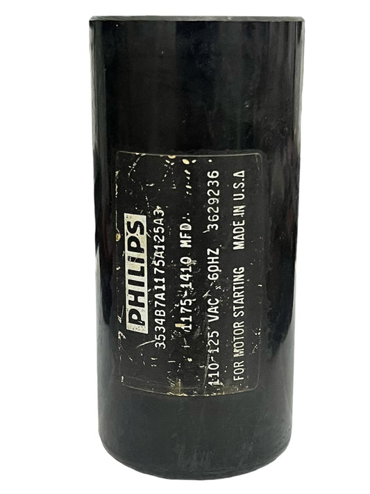 Philips 1175-1410MFD motor start capacitor in black cylindrical casing for electrical motor starting