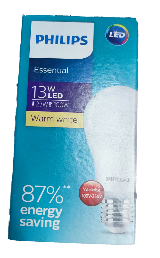 Philips Essential 13W LED Bulb 220V E27 3000K packaging showing energy-saving features and warm white light