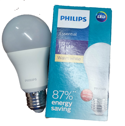 Philips 13W LED Bulb 220V E27 3000K with energy-saving features in a warm white light.