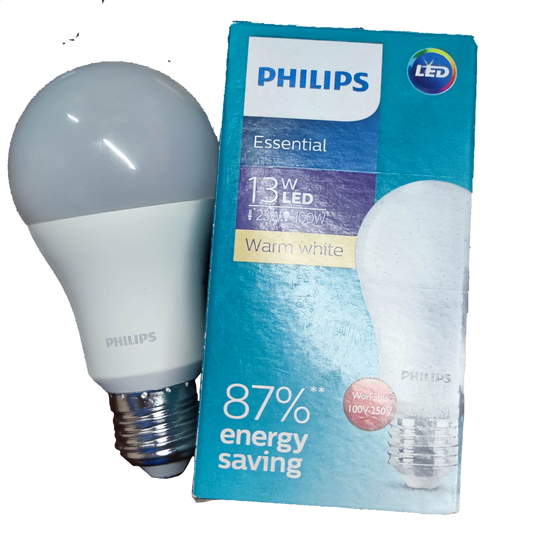 Philips 13W LED Bulb 220V E27 3000K with energy-saving features in a warm white light.
