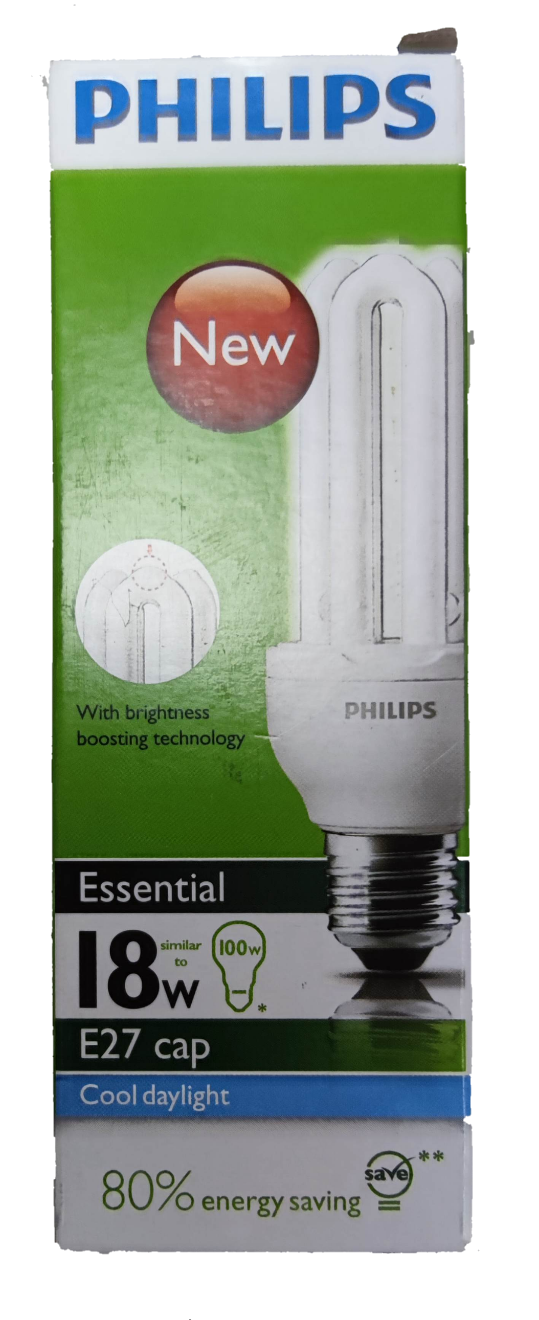 Philips 18W CFL daylight bulb in packaging showcasing energy efficiency and brightness boosting technology