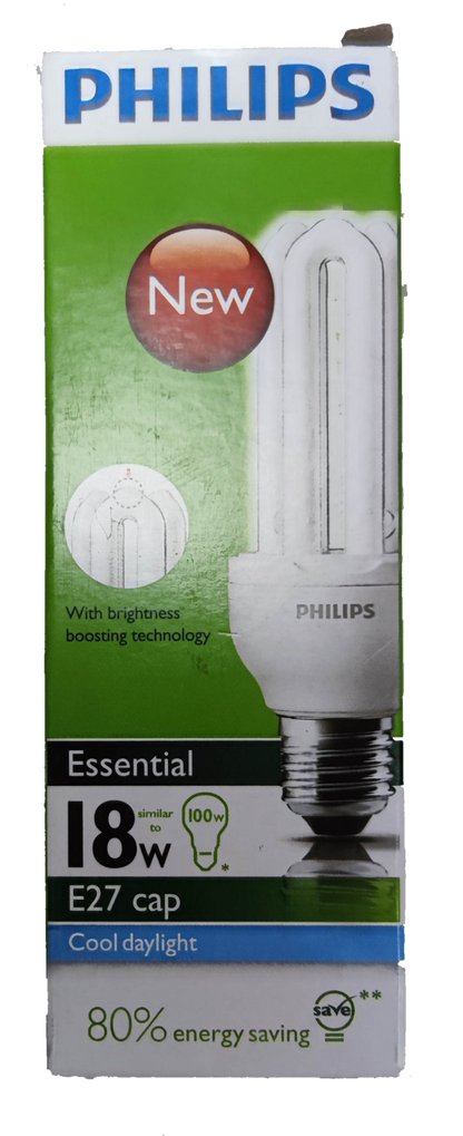 Philips 18W CFL daylight bulb in packaging showcasing energy efficiency and brightness boosting technology
