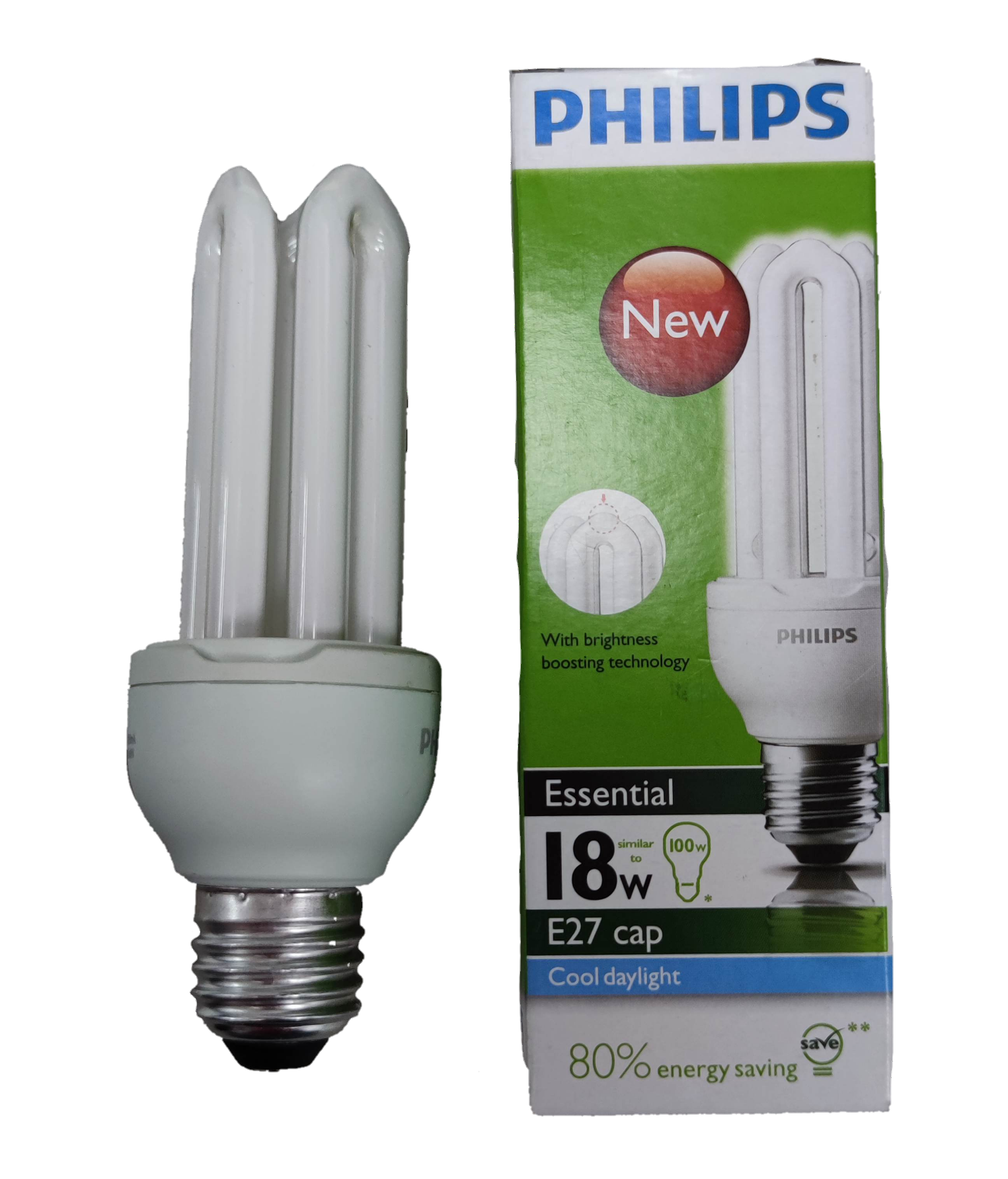 Philips 18W CFL daylight bulb with E27 cap and 80% energy saving features in packaging