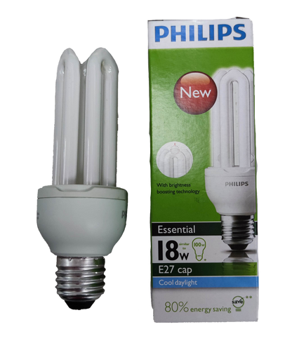 Philips 18W CFL daylight bulb with E27 cap and 80% energy saving features in packaging