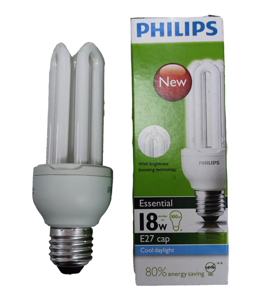 Philips 18W CFL daylight bulb with E27 cap and 80% energy saving features in packaging