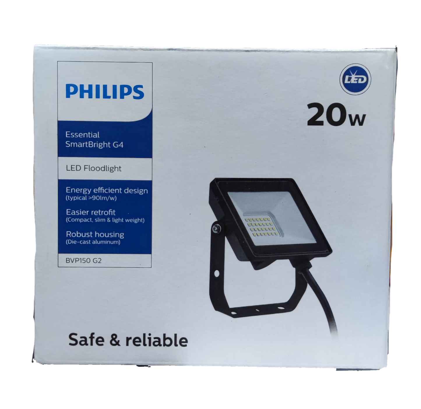 Philips 20W LED flood light 220V outdoor packaging showcasing energy efficient design and robust housing