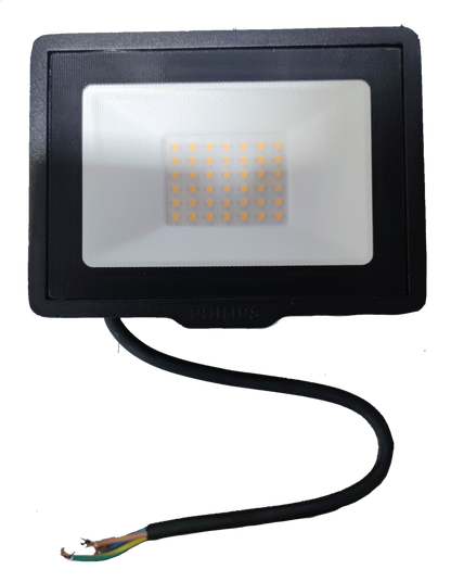 Philips 30W LED Floodlight 220V 3000K outdoor lighting with black casing and exposed wire