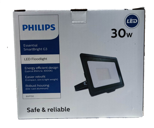 Philips 30W LED floodlight 4000K box showcasing energy-efficient design and robust housing