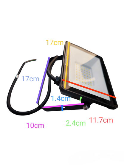 Philips 30W outdoor LED floodlight 220V with black casing and cable showing dimensions
