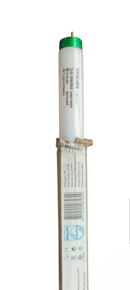 Philips 30W T-8 Fluorescent Tube compact fluorescent bulb with green end cap in packaging