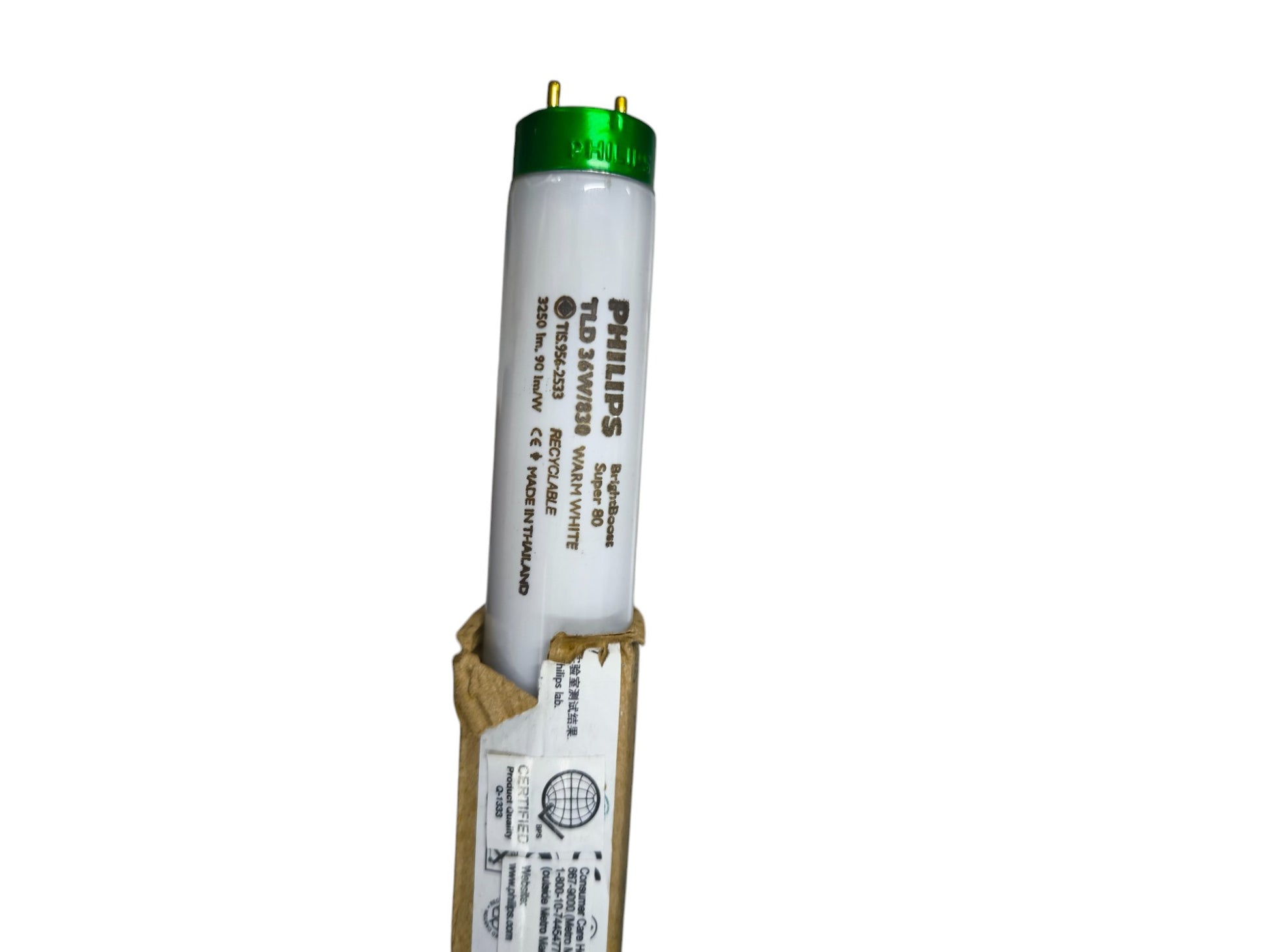 Philips 36W T8 Fluorescent Tube with green end cap in its packaging for energy-efficient lighting