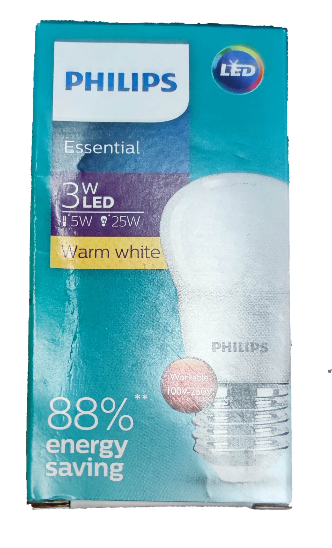 Philips 3W LED Bulb Warm White 220V packaging showing energy-saving features