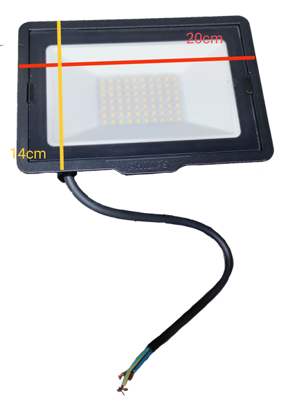 Philips 50W LED Floodlight 220V 4000K for outdoor lighting with black casing and exposed wires