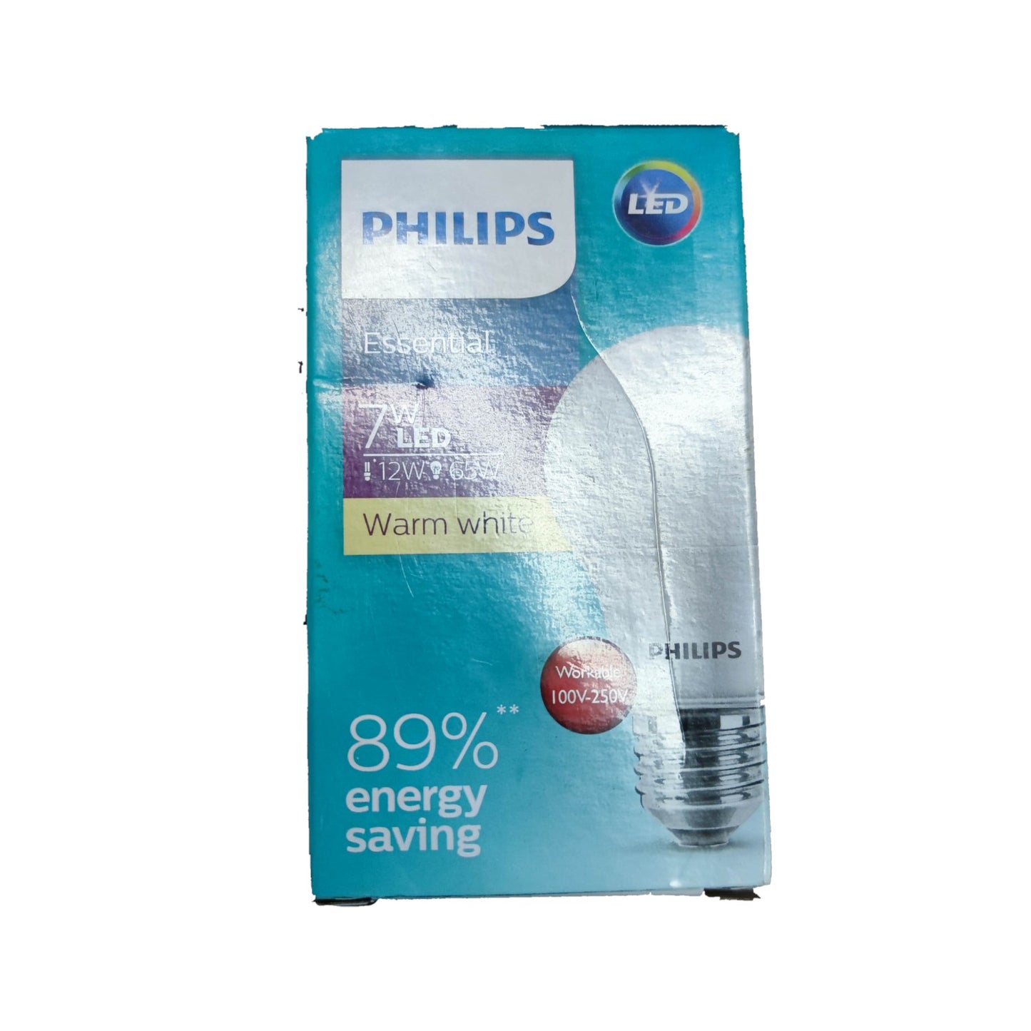 Philips 7W LED bulb E27 warm white packaging featuring energy-saving information