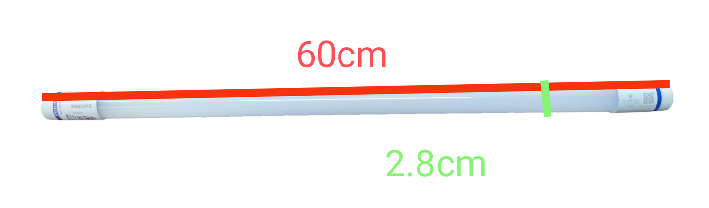 Philips 8W LED fluorescent tube measuring 60cm in length and 2.8cm in diameter