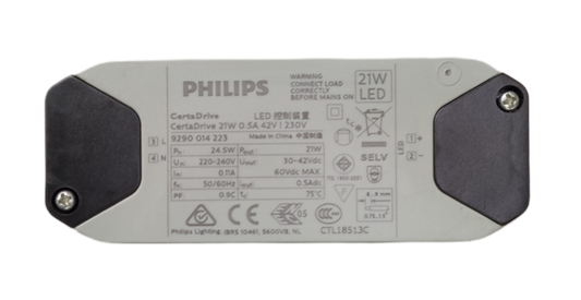 Philips Certa Drive 21W 30-42Vdc LED driver with specifications and connection information