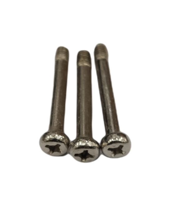 Three shiny metal Philips Cross Positive Screw Long Screw Tip screws arranged side by side on black background